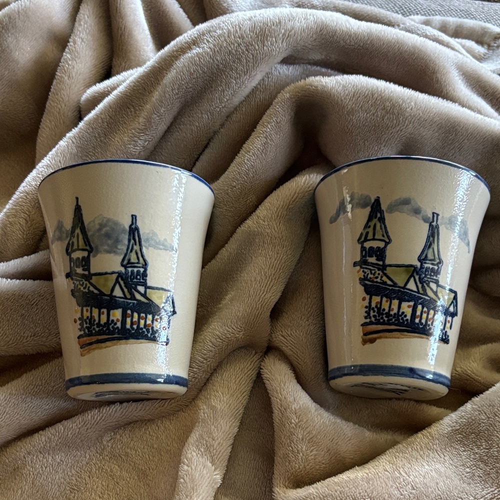 Hand-Painted Cream and Blue Ceramic Tumbler - Pair